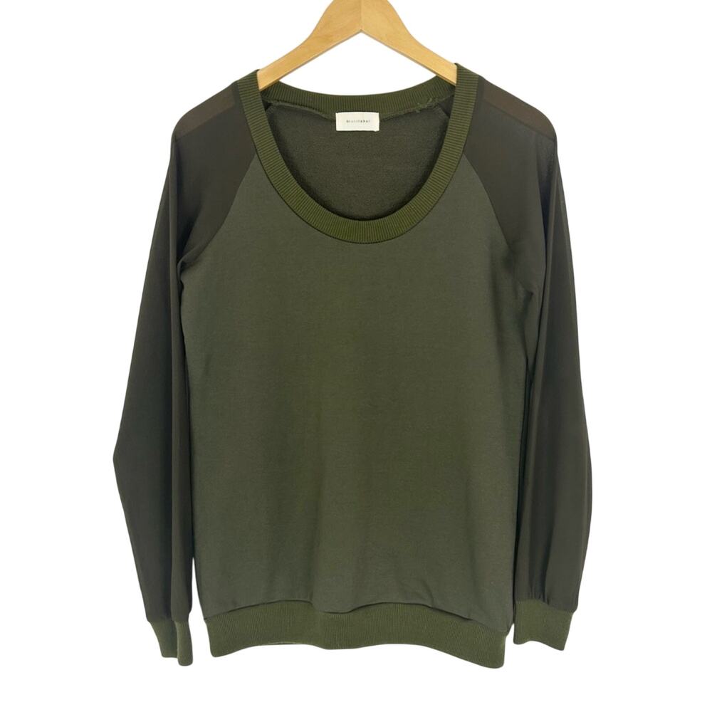 Brandlabel Jumper Basic Crew Neck Pullover in Olive with Sheer‎ Sleeve Size M